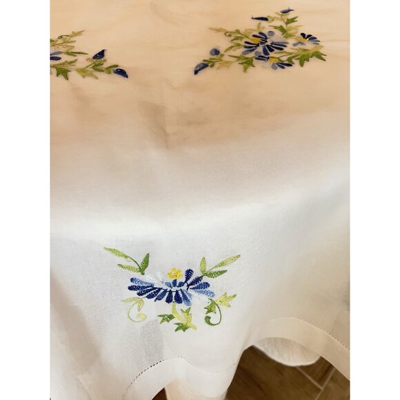 VTG Embroidered Sheer Table Cover 4 Matching Beverage Napkins Blue Green Floral - Picture 14 of 16